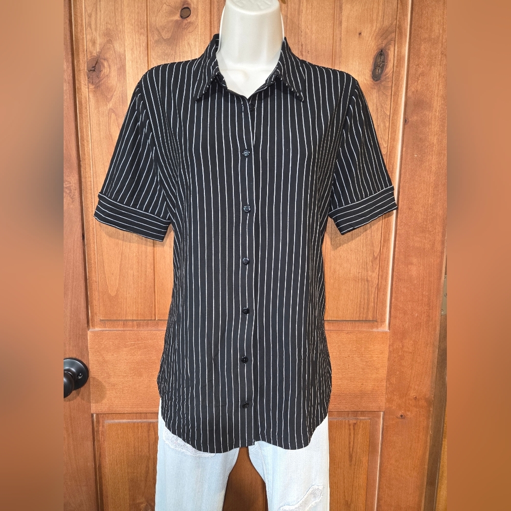 Women's Black Striped Button Down Shirt